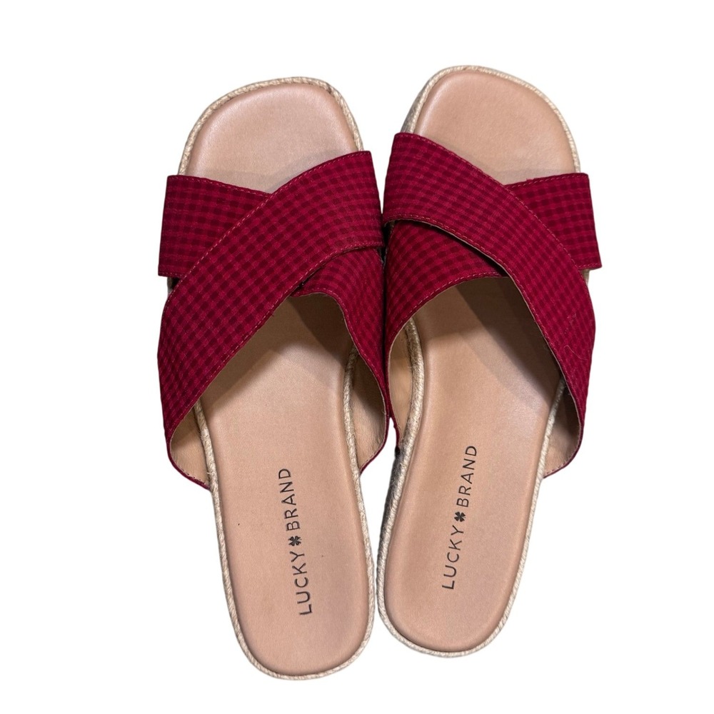 Lucky Brand Gayte Sandals Womens 9M Red Gingham Espadrille Platform Slide